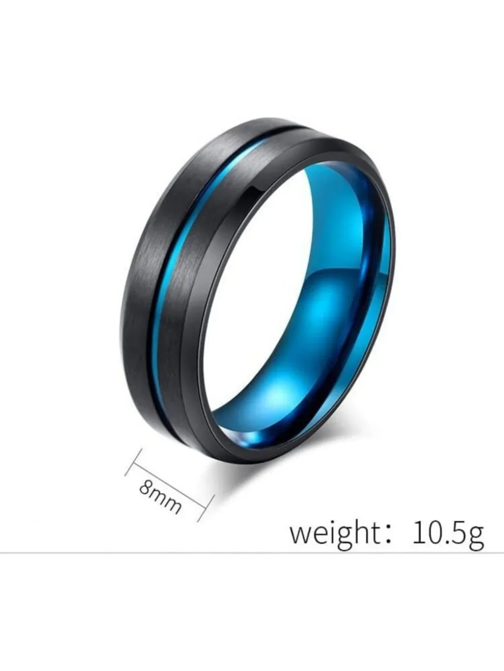 Men's 8mm Matte Brushed Stainless Steel Wedding Band Ring - Blue/Black Titanium
